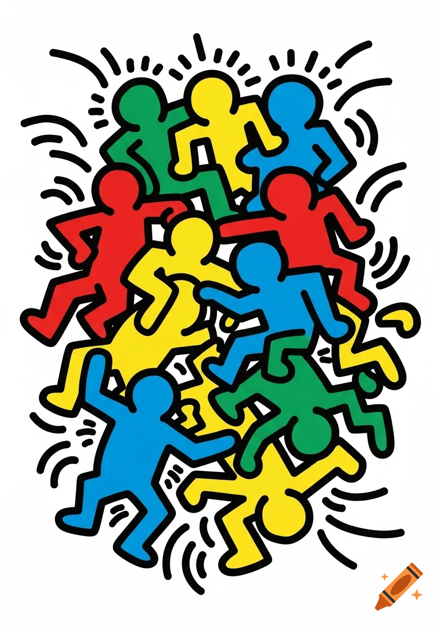 Abstract Keith Haring style illustration of red, yellow, blue, and green stick figures piled together in dynamic motion.