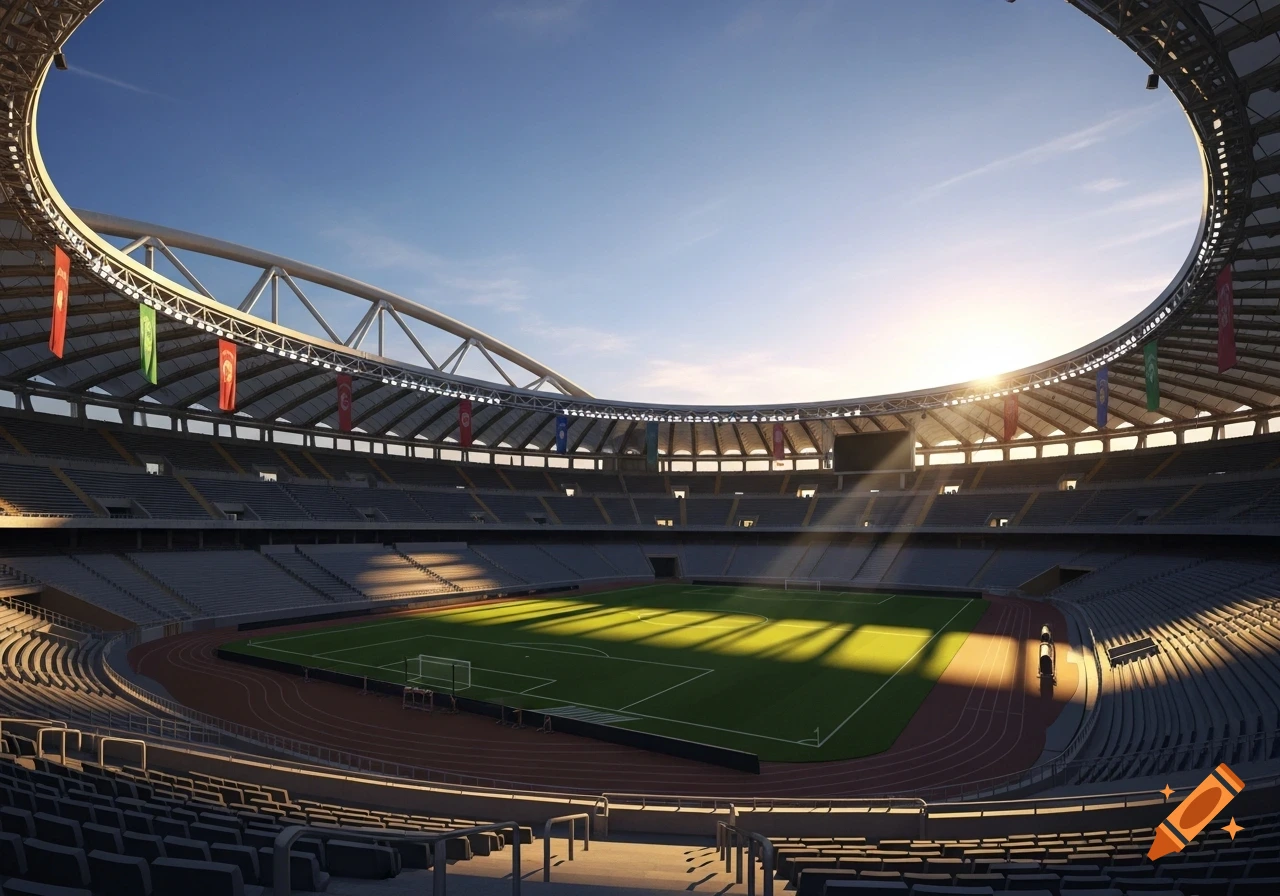 A modern, empty football stadium at sunset with a green field, running track, and clear blue sky.
