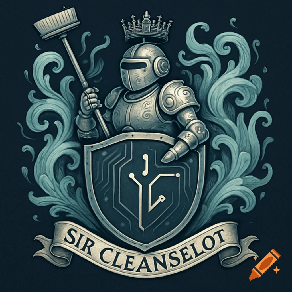 A heraldic emblem of a knight in armor holding a broom and a shield with a circuit board design. A banner reads "SIR CLEANSELOT".