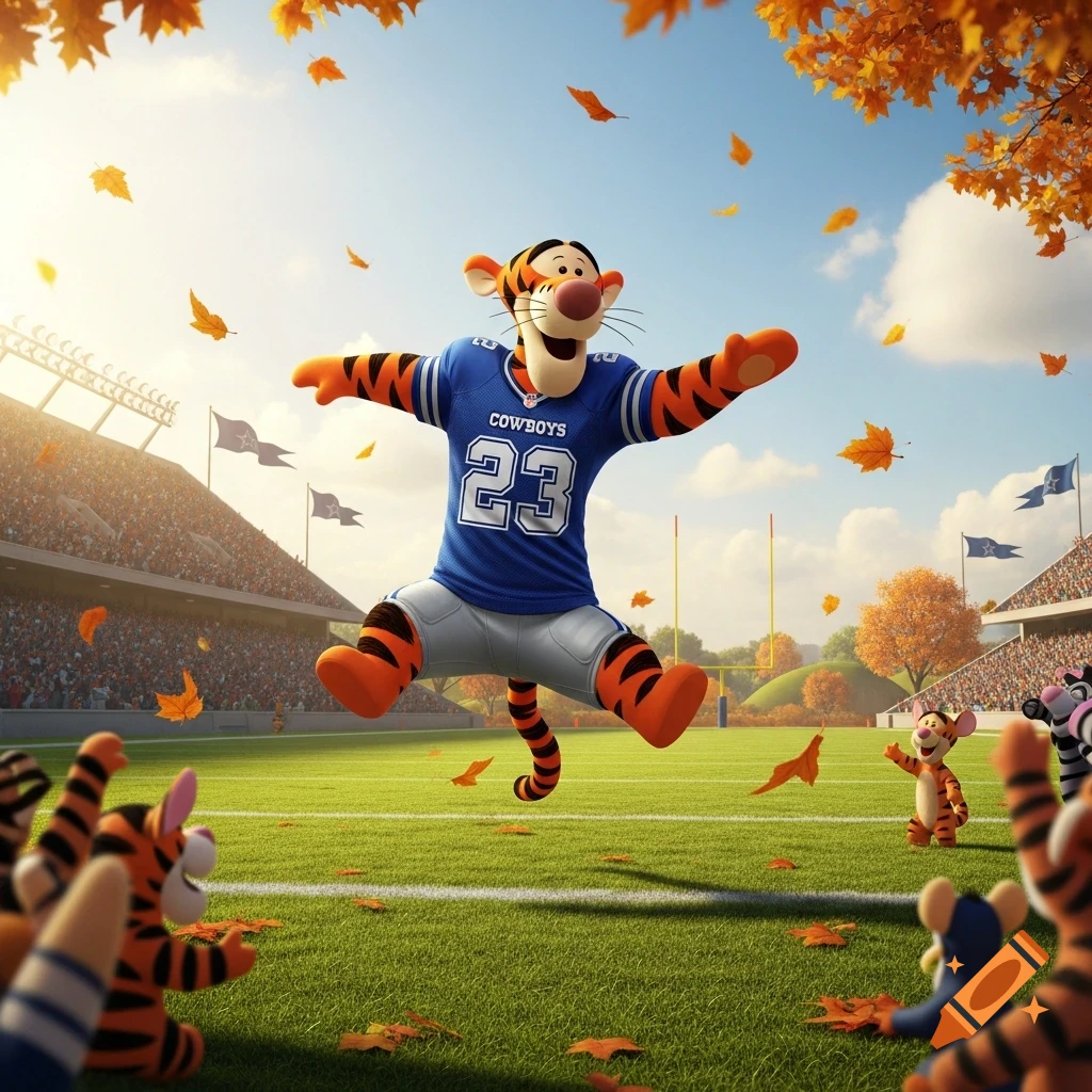 Tigger wearing a blue Cowboys football jersey jumps mid-air on a vibrant green field surrounded by autumn leaves in a stadium.