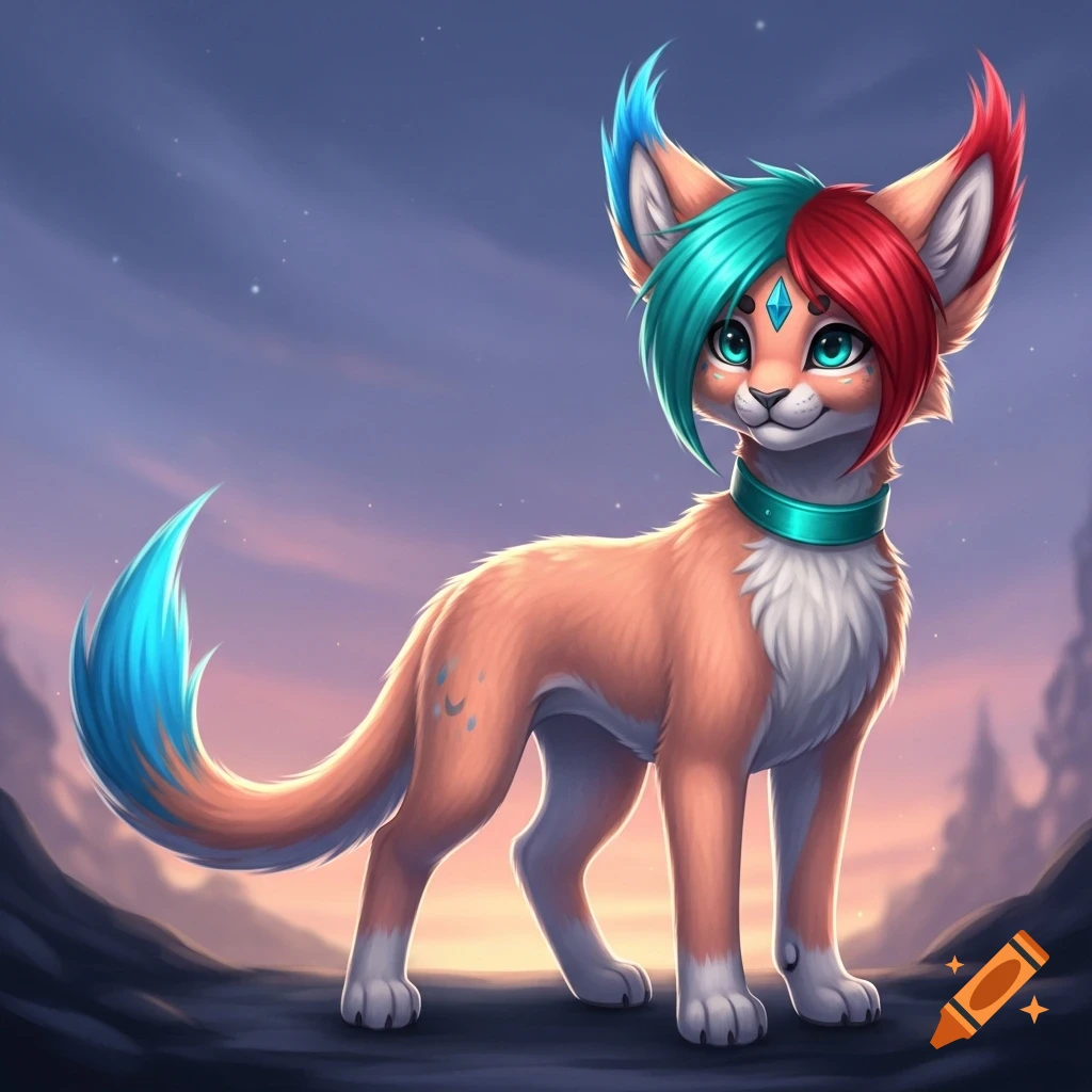 A vibrant, stylized furry creature with peach fur, teal collar, teal eyes, and split teal and red hair, stands against a pastel twilight sky.