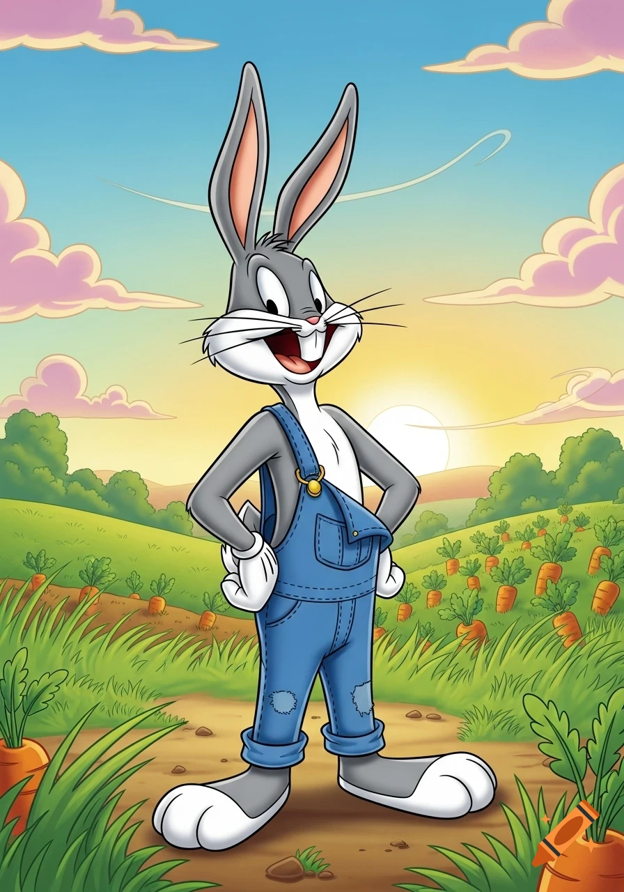 Bugs Bunny in blue overalls stands smiling with his hands on his hips in a sunny carrot field, classic cartoon style.