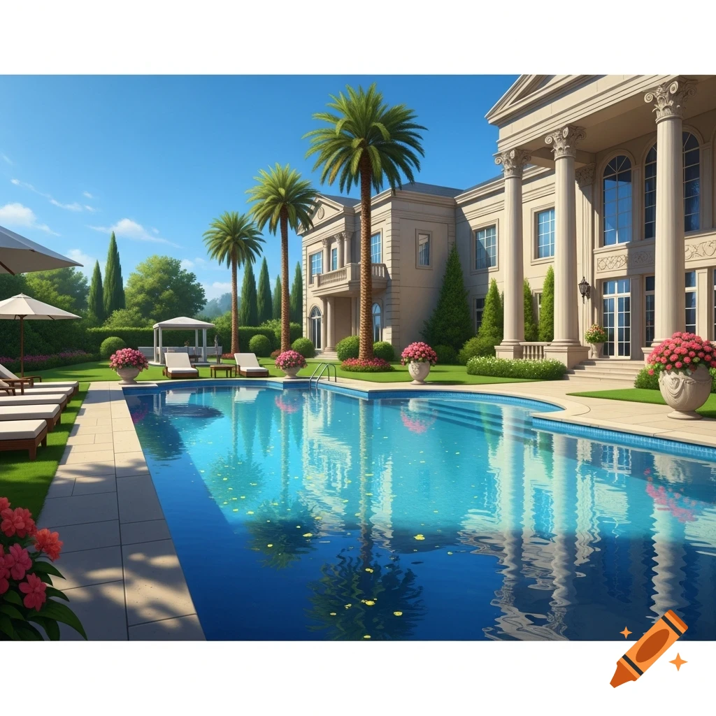 A grand mansion with a large swimming pool, surrounded by palm trees and a lush garden under a clear blue sky.