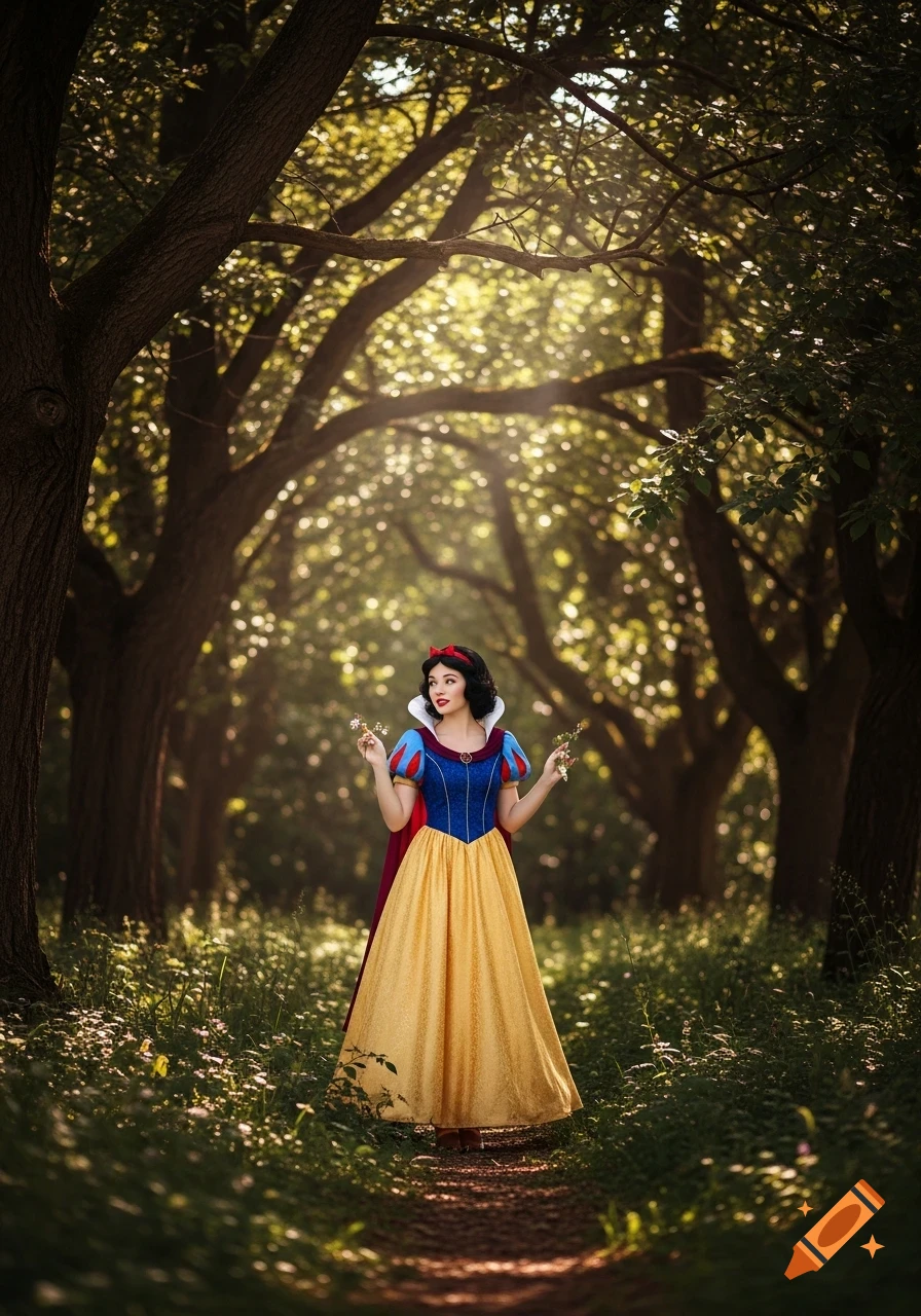 A photorealistic image of Snow White in her iconic blue, yellow, and red dress, standing on a sunlit forest path, holding small white flowers.