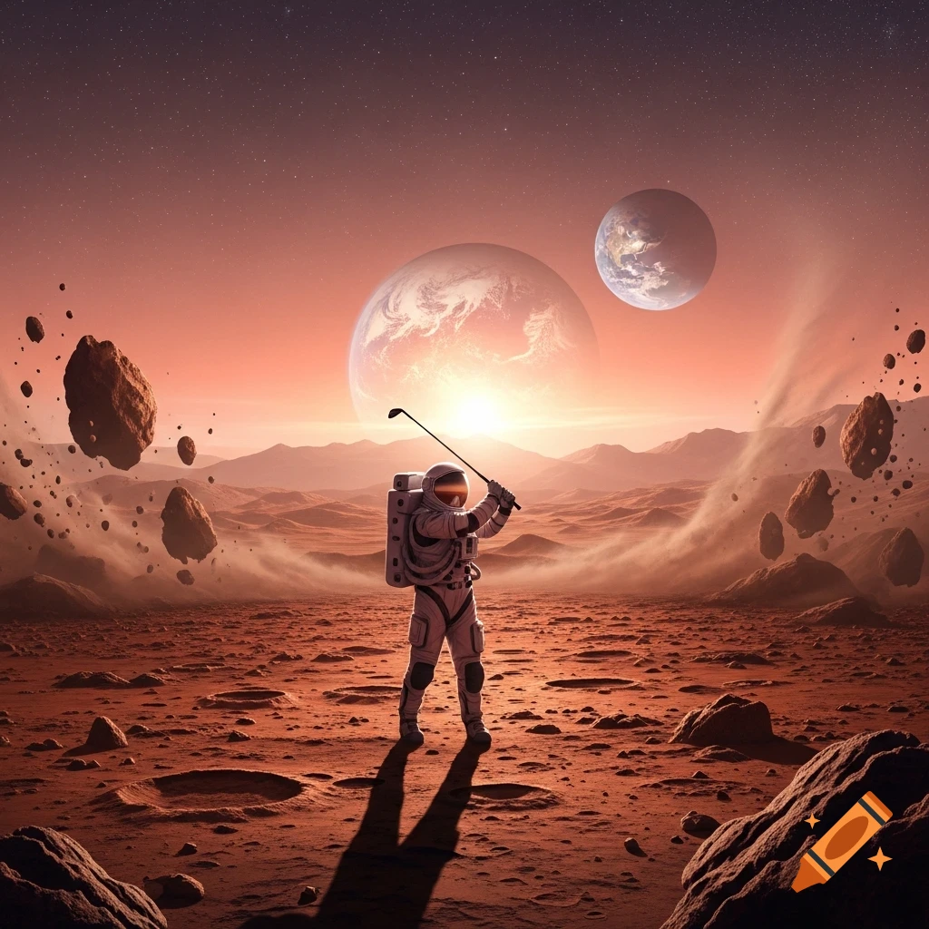 A lone astronaut in a white suit plays golf on a red, cratered Martian landscape under an orange sky with two planets visible.