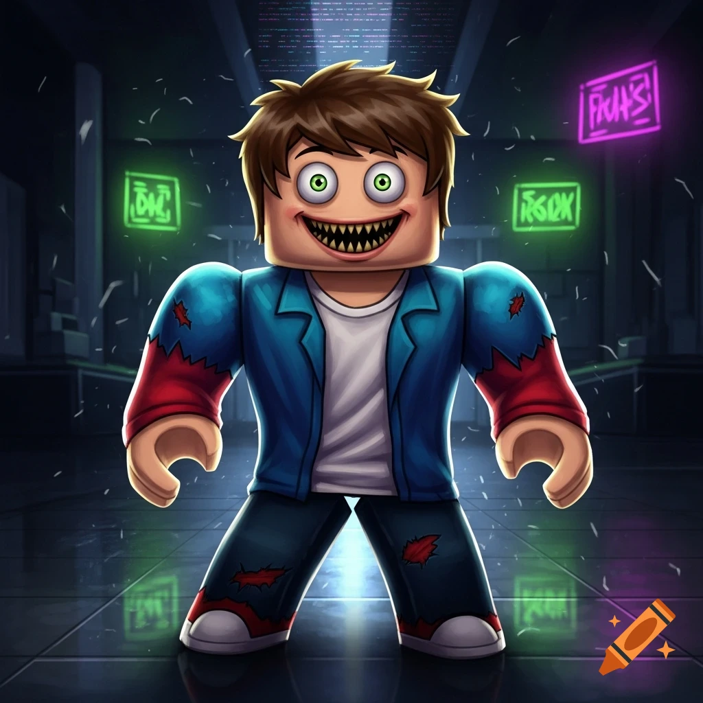 A monstrous Roblox-style character with sharp teeth and wide green eyes stands in a dark room with neon signs.