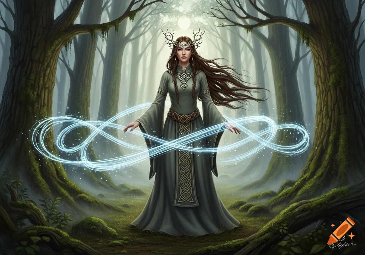 A Celtic woman with long brown hair and an antler crown, in a green gown, stands in a mystical forest surrounded by glowing blue energy.
