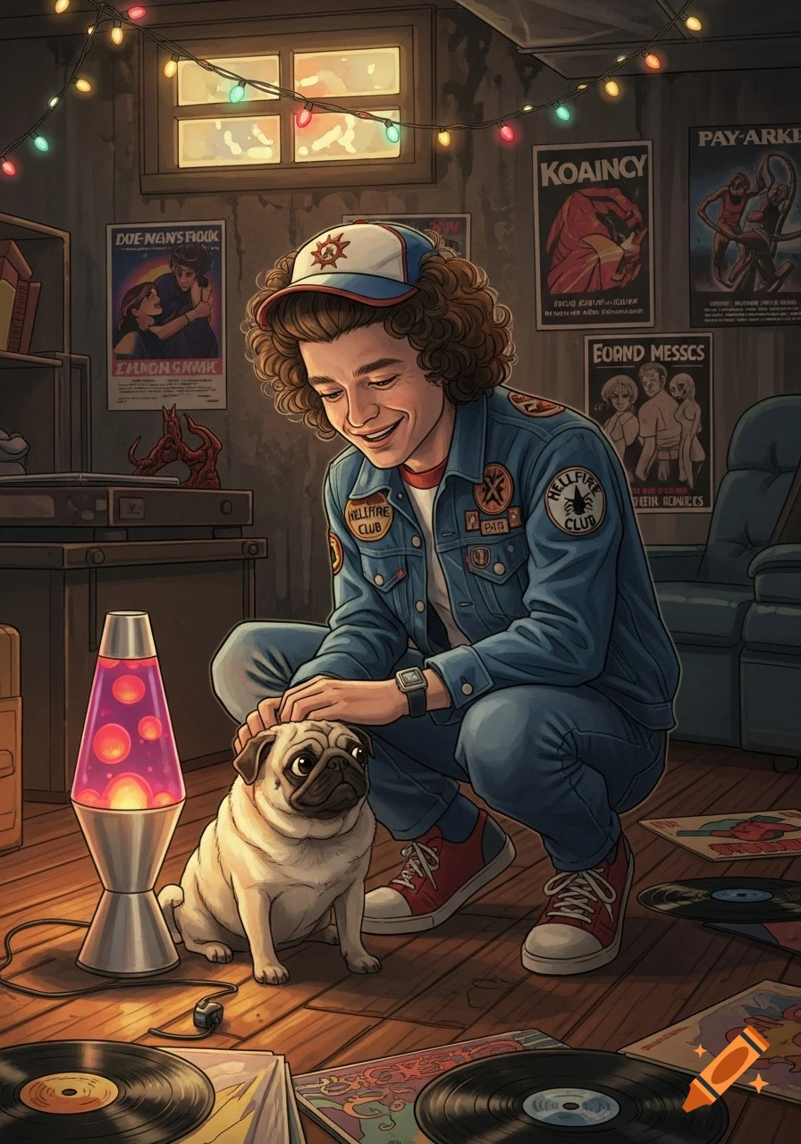 An illustrated image shows Eddie Munson from Stranger Things, with curly hair and a denim jacket, crouching to pet a pug in a retro-themed room. A lava lamp, vinyl records, and string lights adorn the space.