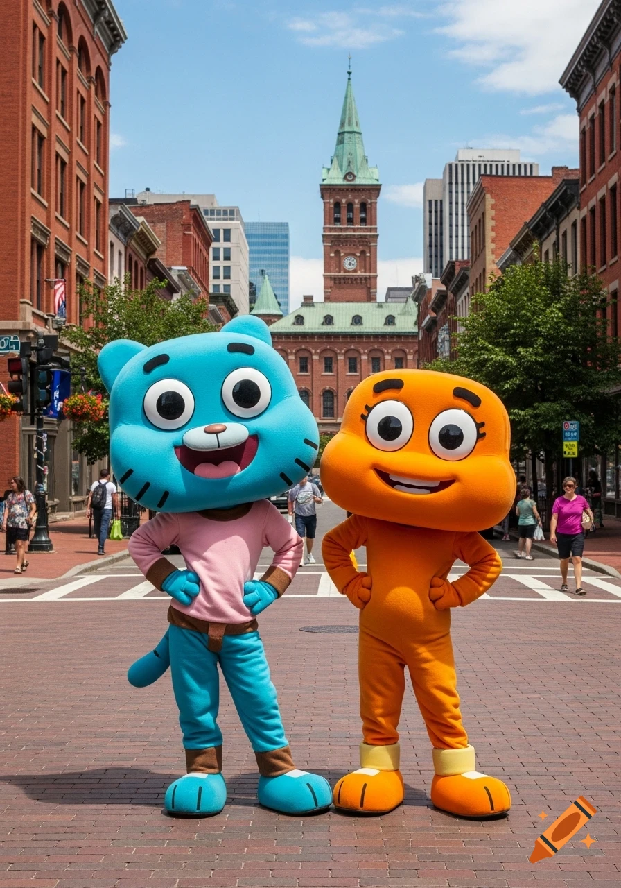 Gumball and Darwin Watterson mascot characters stand on a cobblestone street in a city with a clock tower in the background.