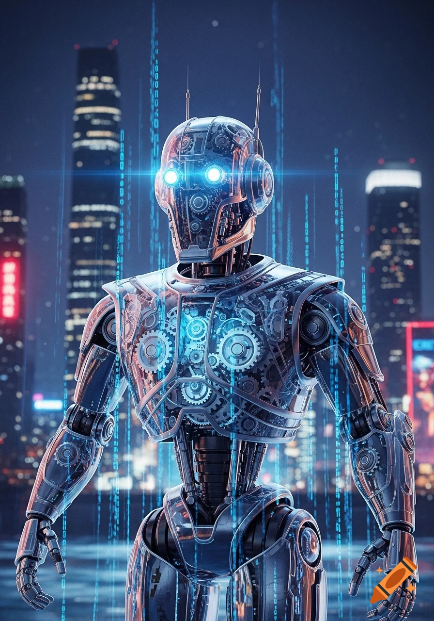 A detailed, futuristic robot with glowing blue eyes and exposed gears stands in a dark city with digital data streams.