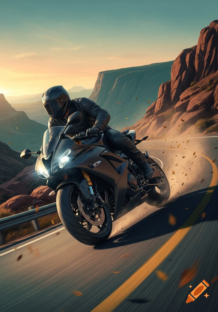 A rider in a black suit and helmet leans into a turn on a black sportbike on a winding mountain road at sunset, with dirt and leaves scattering.