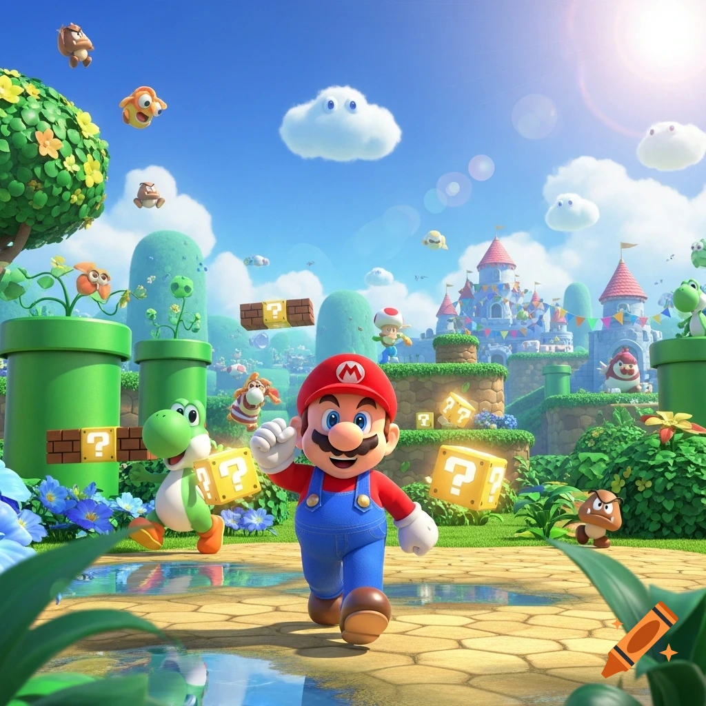 Mario, Yoshi, and other characters run through a vibrant, colorful Super Mario world with castles, pipes, and question blocks.