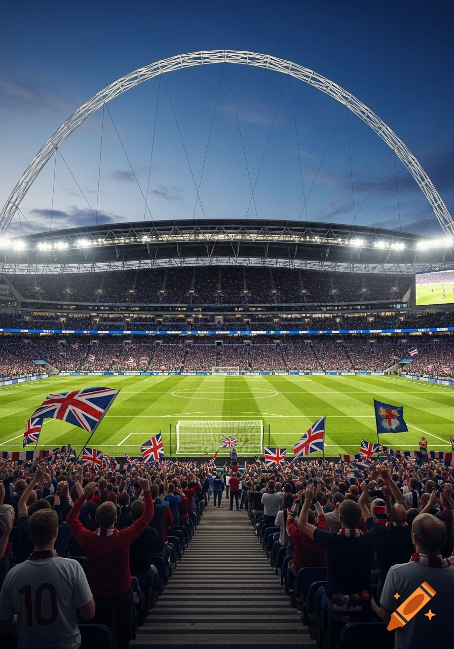 Photorealistic view of a packed Wembley Stadium from the stands with cheering fans holding British flags during a soccer match at dusk.