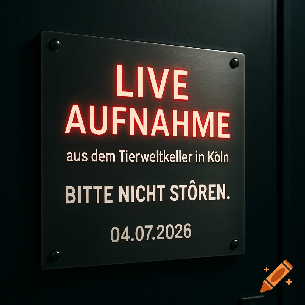 A photorealistic warning sign on a dark studio door, with glowing red and white German text about a live recording and not disturbing.