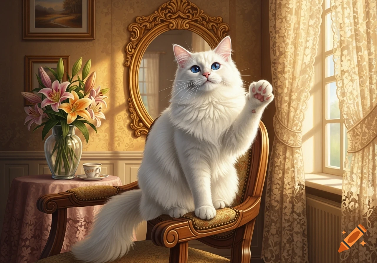 A fluffy white cat with blue eyes sits on an ornate chair, raising one paw in a sunlit room with flowers and a mirror.