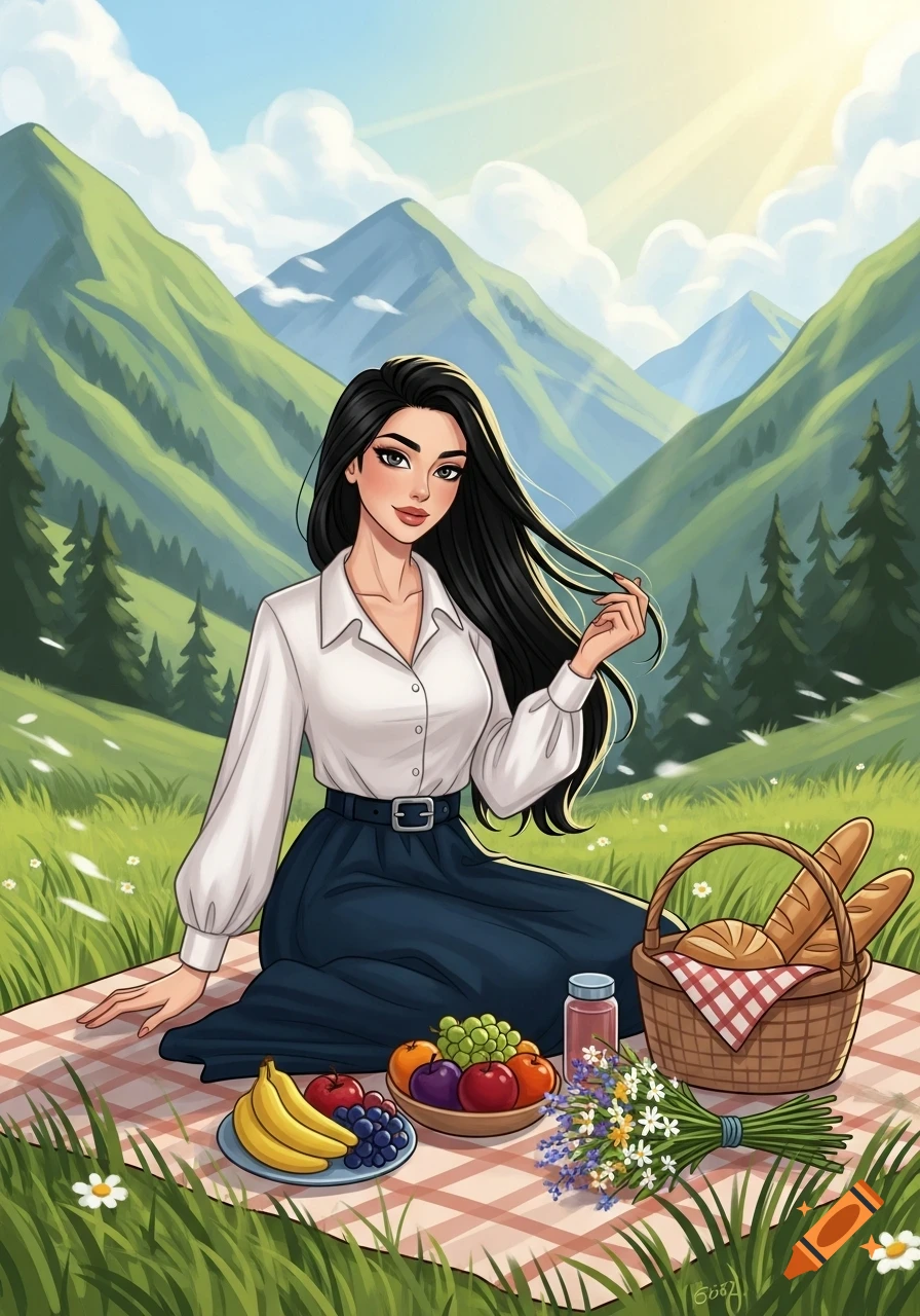 Illustration of a brunette woman sitting on a picnic blanket in a grassy mountain landscape with a picnic basket, fruit, and flowers.
