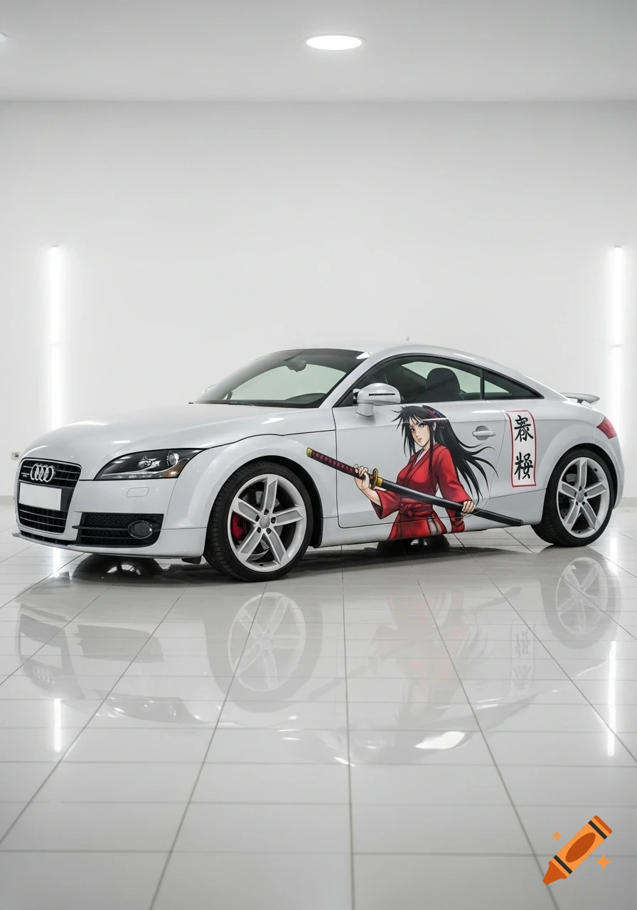 White Audi TT in a minimalist white room, featuring a large anime decal of a woman in red holding a katana.