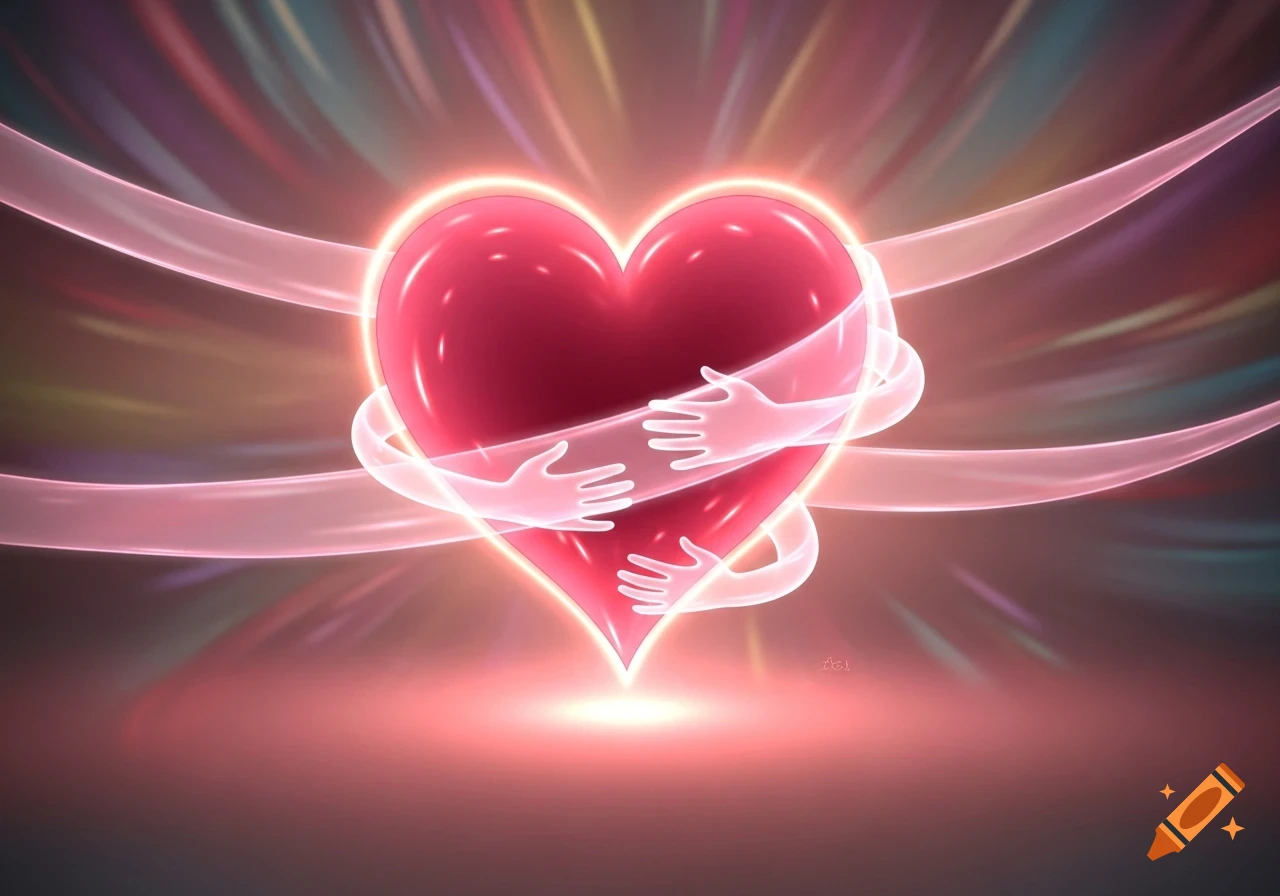 A glowing red heart embraced by translucent, ethereal hands against a radiant, colorful background, in a digital art style.