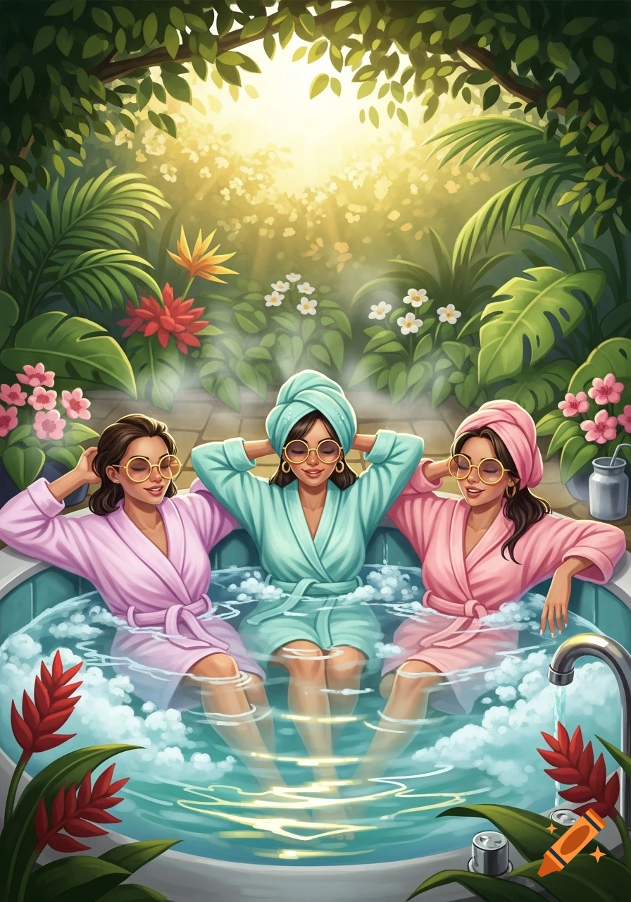Three women in colorful bathrobes and round sunglasses relax in a bubbly outdoor jacuzzi surrounded by lush tropical plants and sunlight.