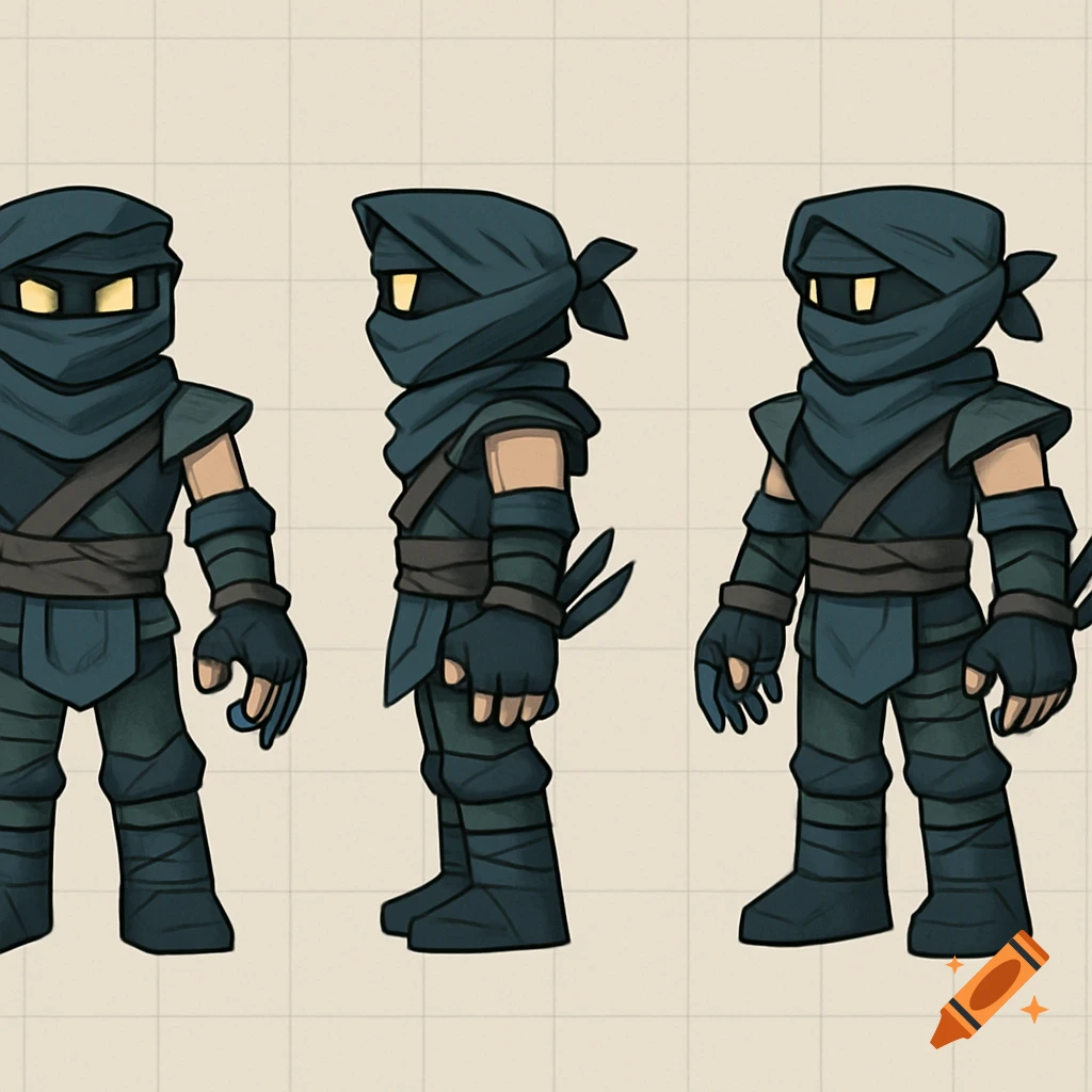 Three stylized Roblox-style ninja characters in a turnaround sheet, showing front, side, and 3/4 views on a grid background.