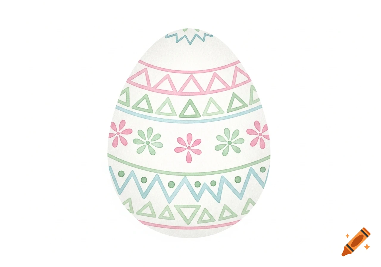 A watercolor drawing of a white Easter egg decorated with horizontal bands of pink, green, and blue geometric and floral patterns.