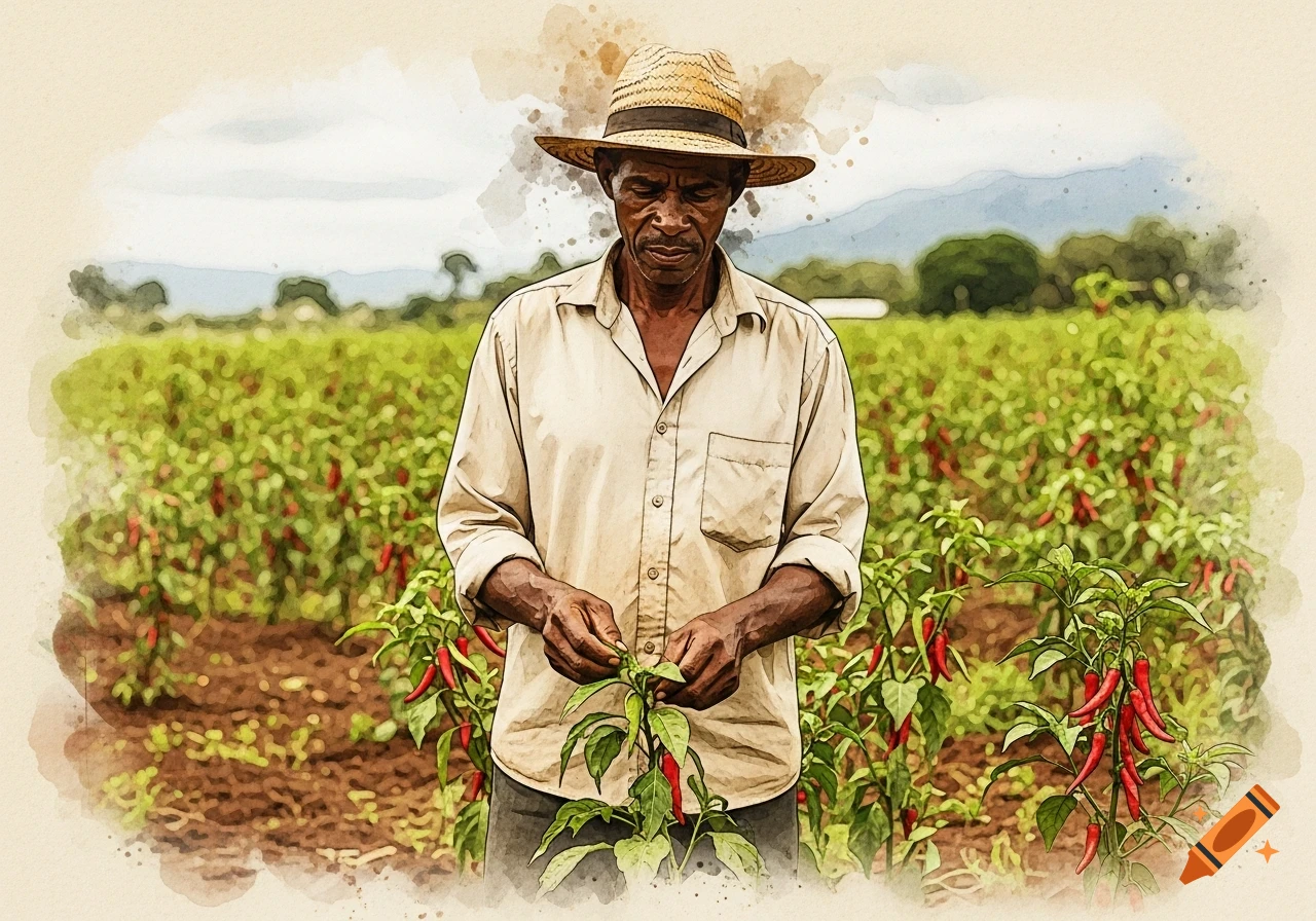 An older man in a straw hat and light shirt inspects a chili pepper plant in a field, rendered in a watercolor style.