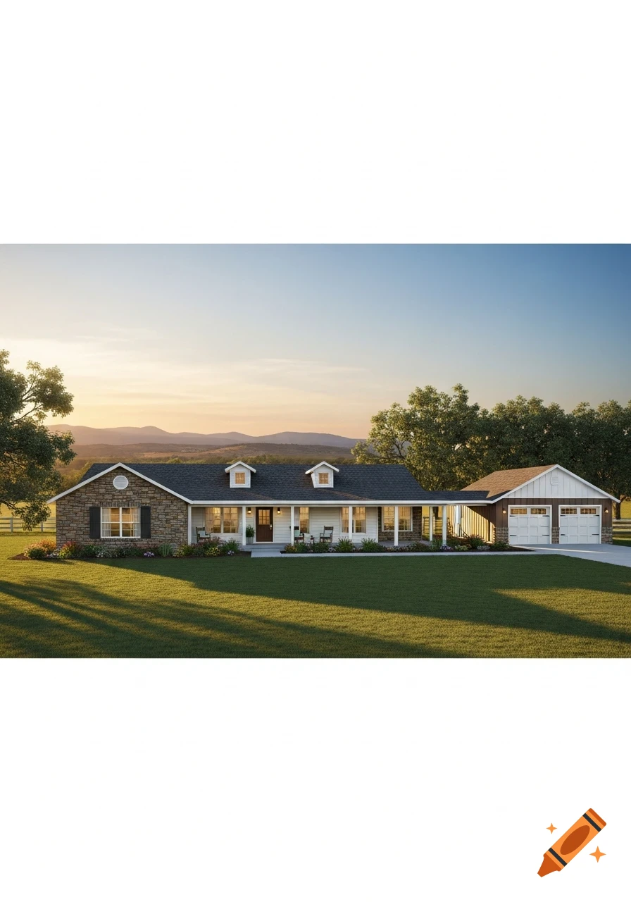 A photorealistic rendering of a stone and white rancher house with a porch and an attached garage, set on a green lawn at sunset with mountains in the distance.