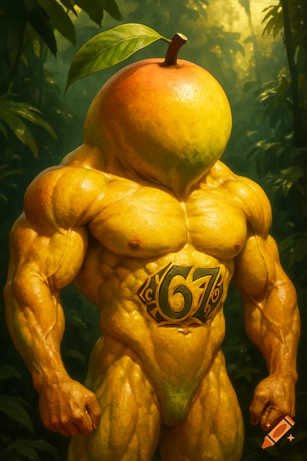 A buff, muscular mango-headed humanoid with a '67' tattoo on its chest stands in a lush jungle.