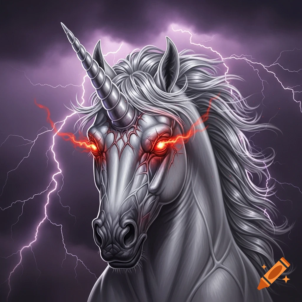 Closeup of an angry unicorn with glowing red eyes and a thorny face, set against a stormy sky with purple lightning.
