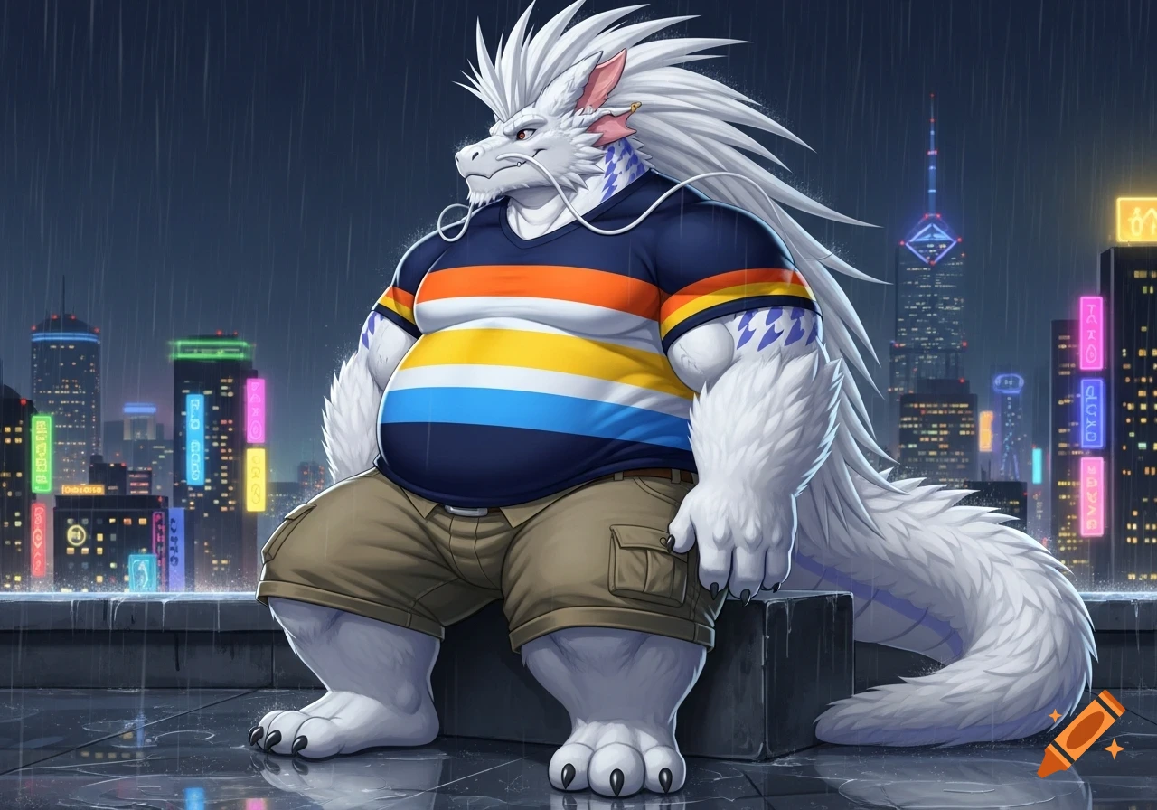 A bulky, white, anthropomorphic dragon in a striped shirt and cargo shorts sits on a rainy city skyscraper rooftop at night.