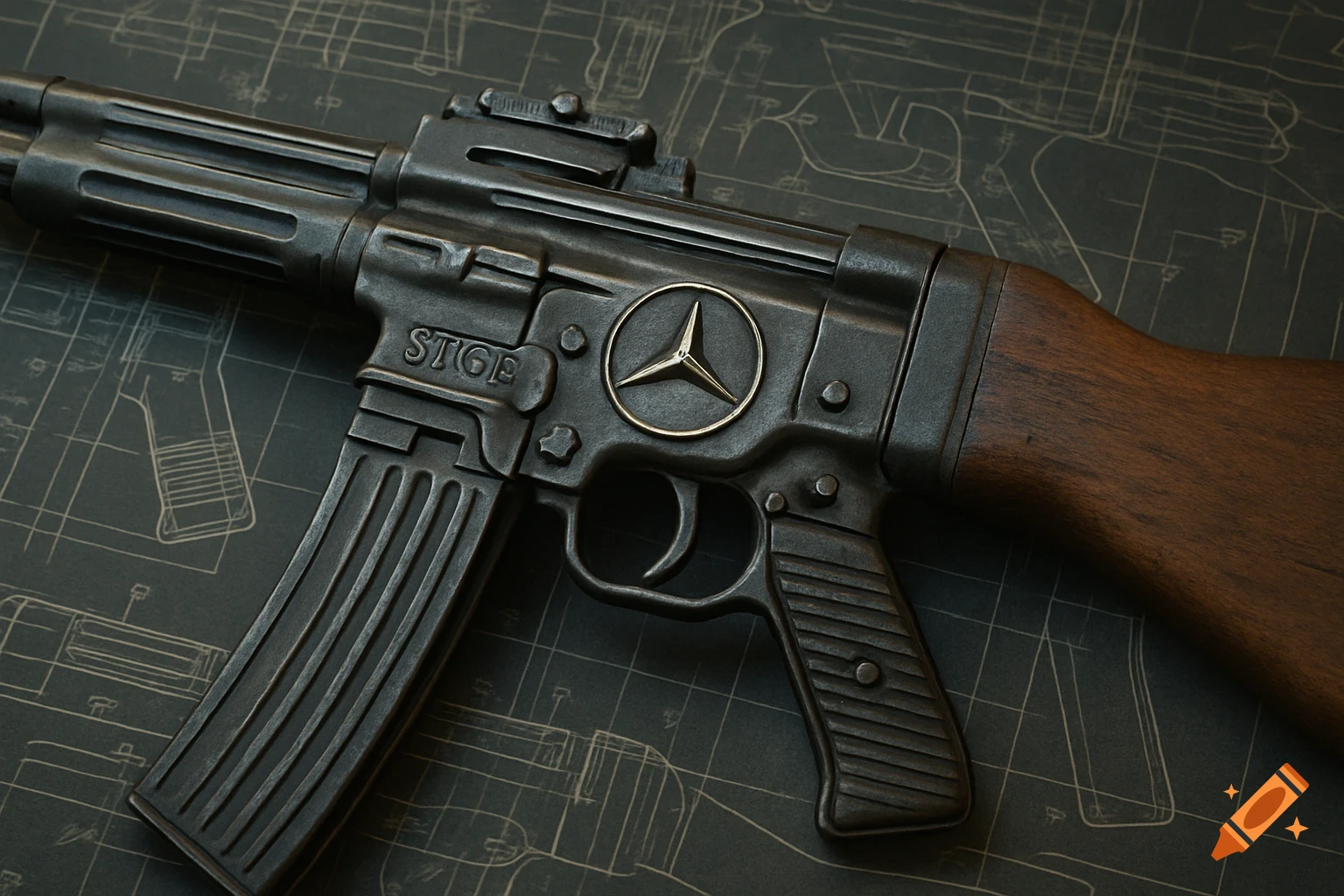 Photorealistic close-up of a dark metal STG44 rifle with a Mercedes-Benz logo, resting on a blueprint background.