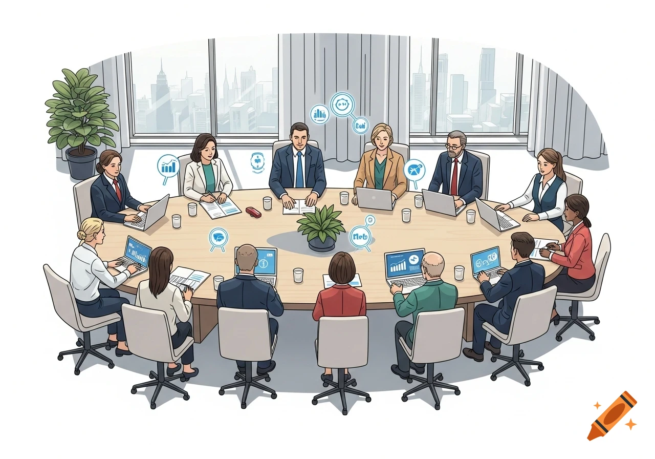 An illustration of diverse business professionals around an oval table in a modern office, using laptops with data icons.