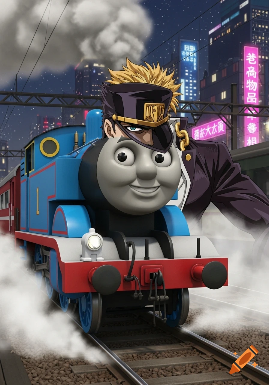 Thomas the Tank Engine with Jotaro Kujo's face and upper body drives a train through a neon-lit city at night, in an anime style.