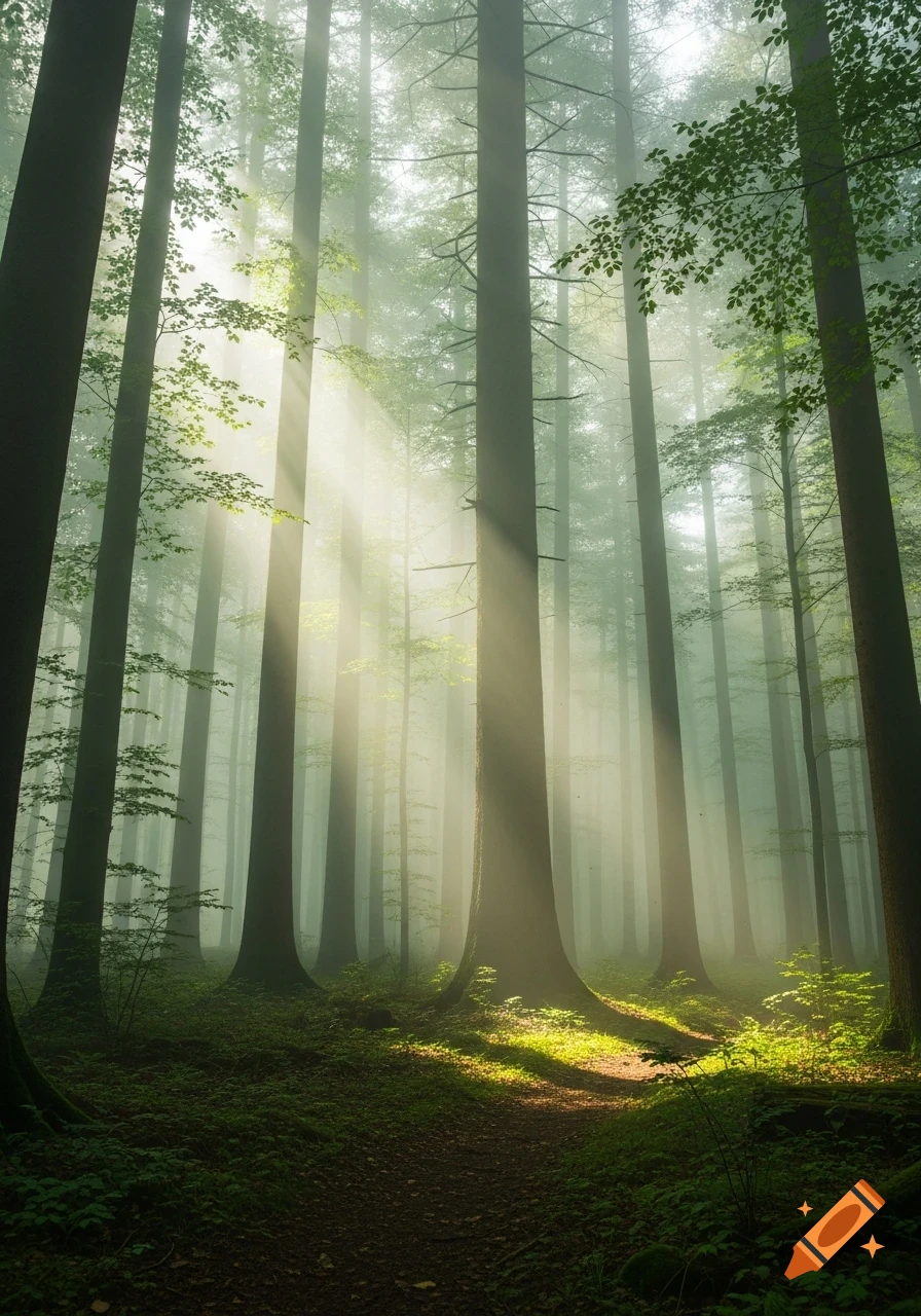 Sunlight streams through a misty forest with tall trees, lush green ...