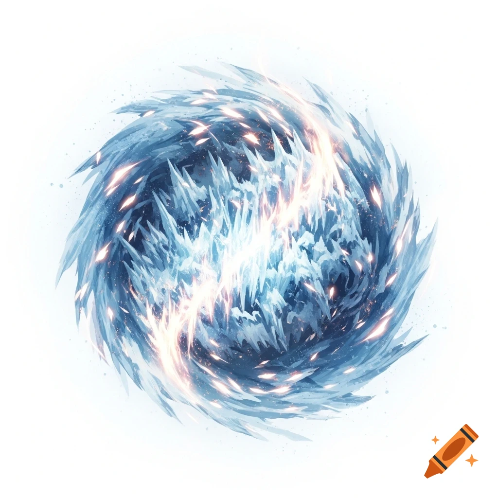 A dynamic swirling orb of jagged blue ice shards and glowing orange energy on a white background.