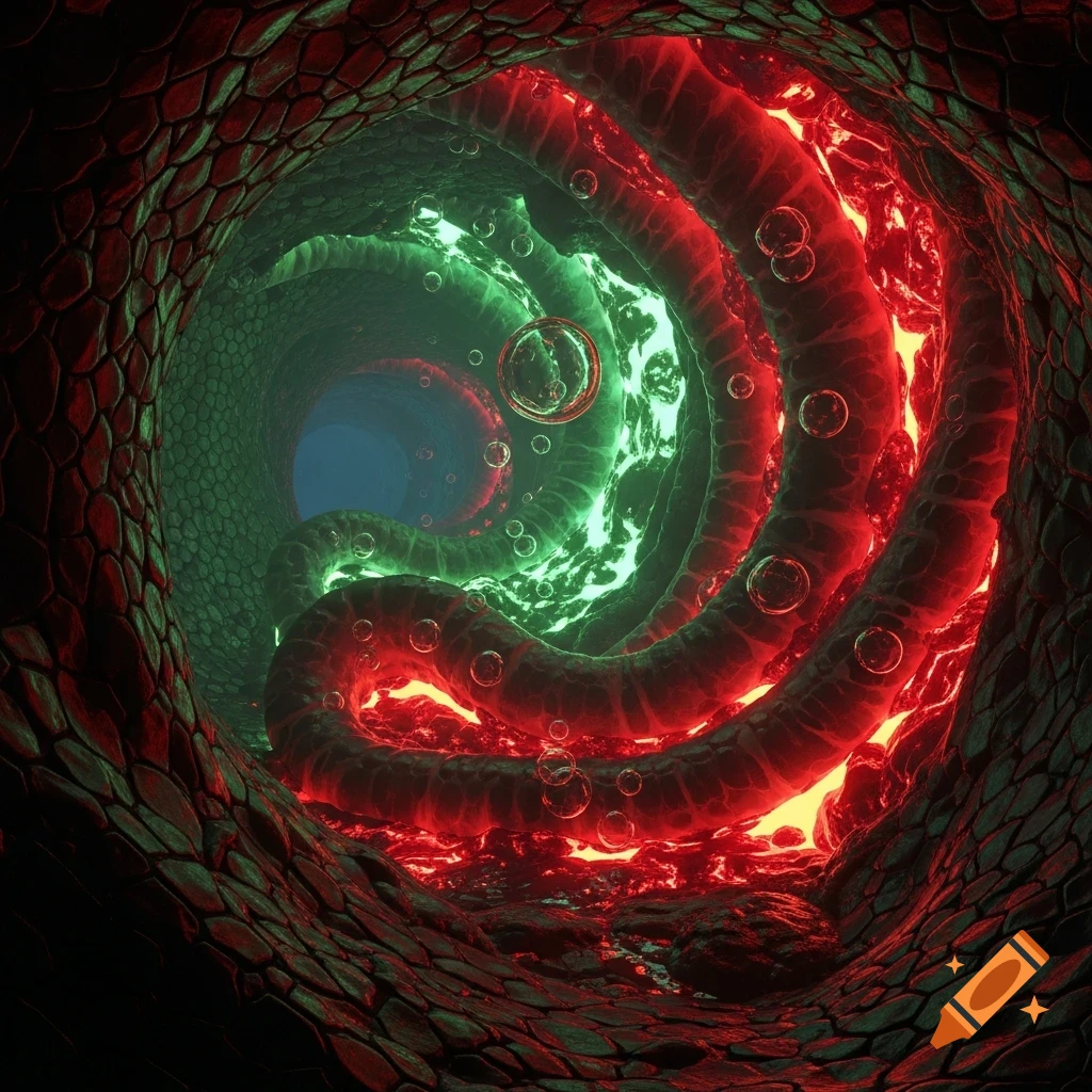 An abstract organic tunnel with glowing red and green sections, textured walls, and bubbles.