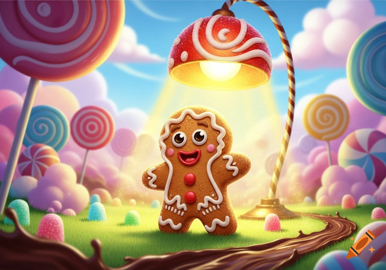 A happy gingerbread man stands in a vibrant candy land with lollipops, gumdrops, and a chocolate river, illuminated by a candy lamp.