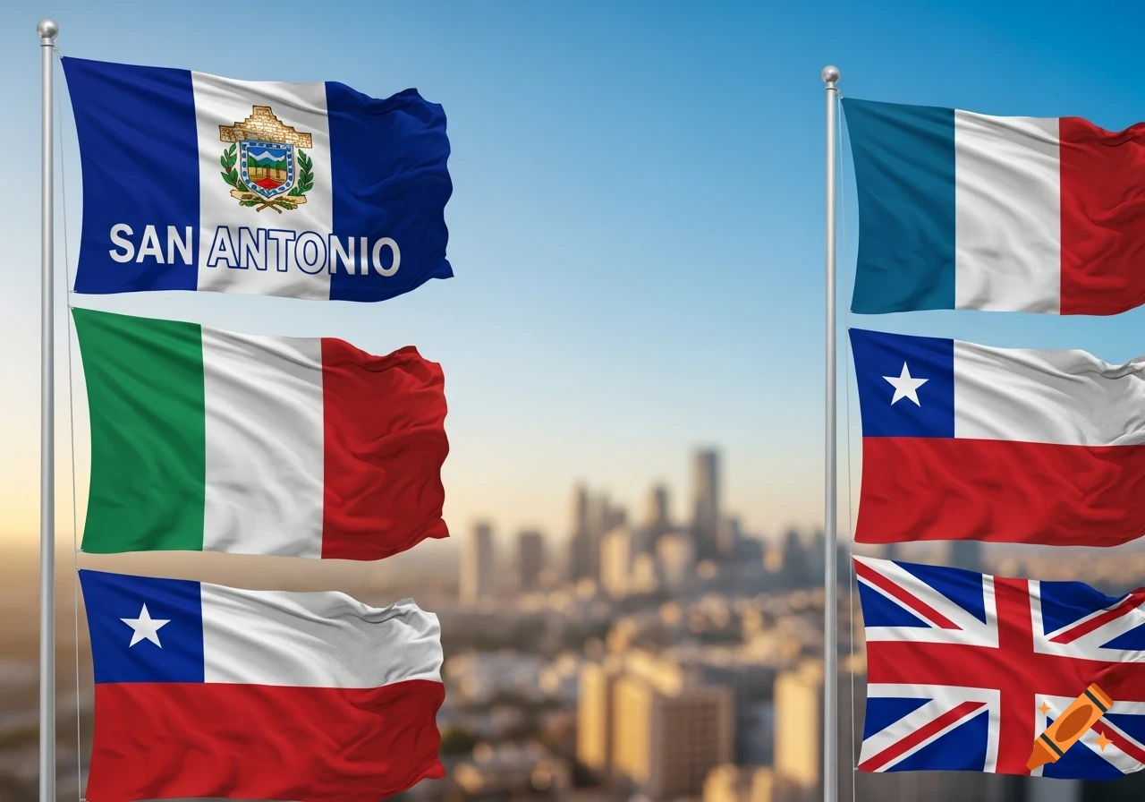 Several flags, including San Antonio, Italy, Chile, France, and the UK, wave on flagpoles against a blurred city skyline.