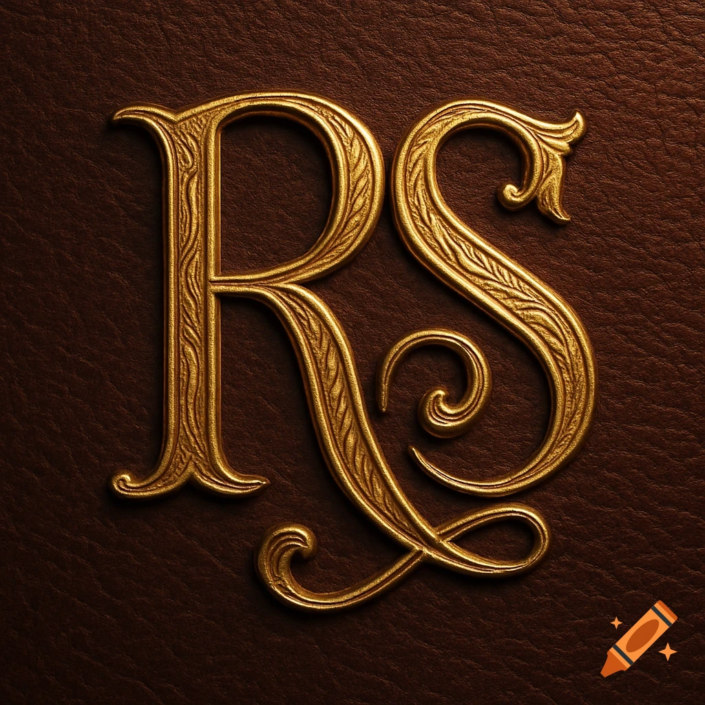 Ornate golden monogram 'RS' embossed on a rich brown leather background, elegant and luxurious style.