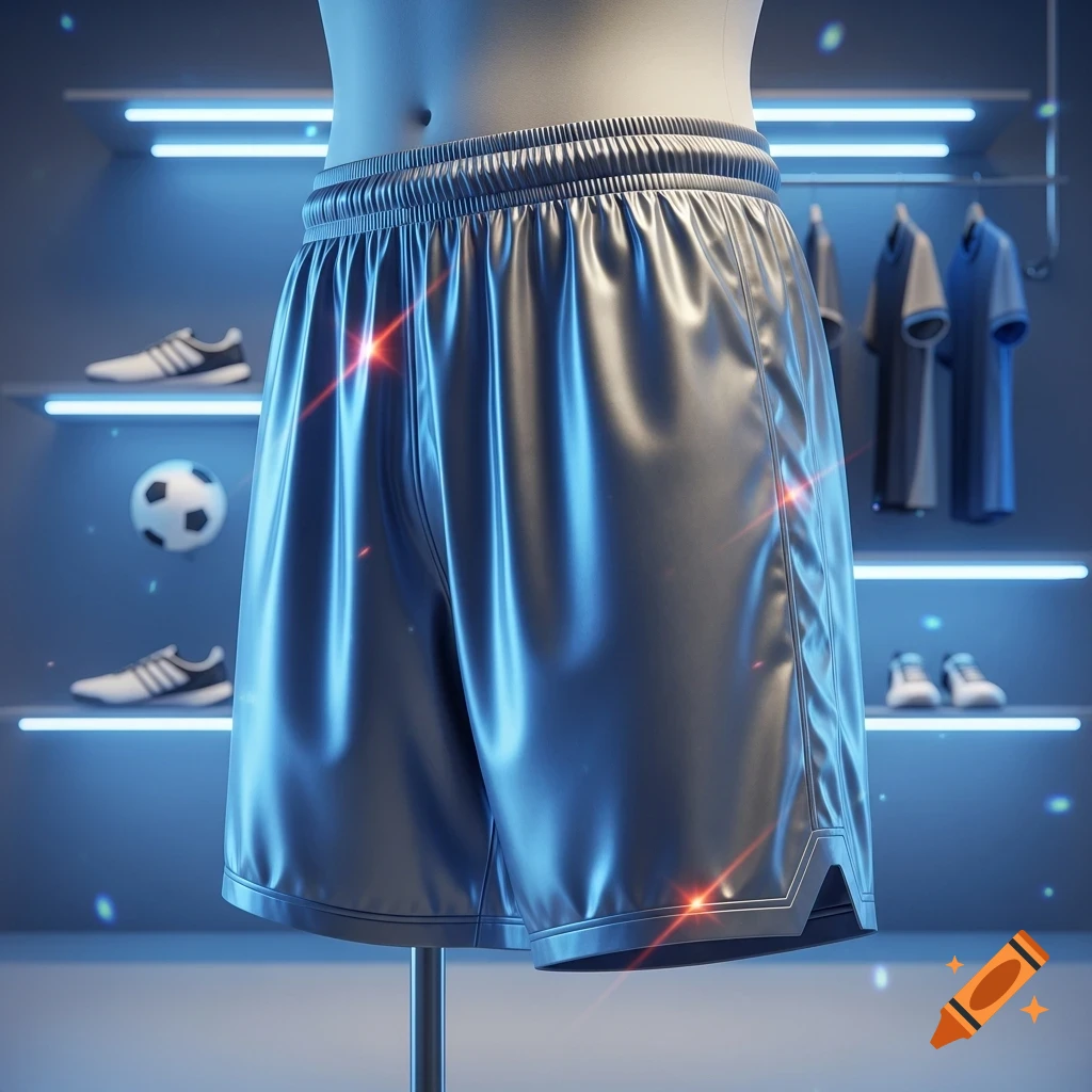 Photorealistic image of silky, shiny silver soccer shorts on a mannequin in a modern sports retail display with neon lights.