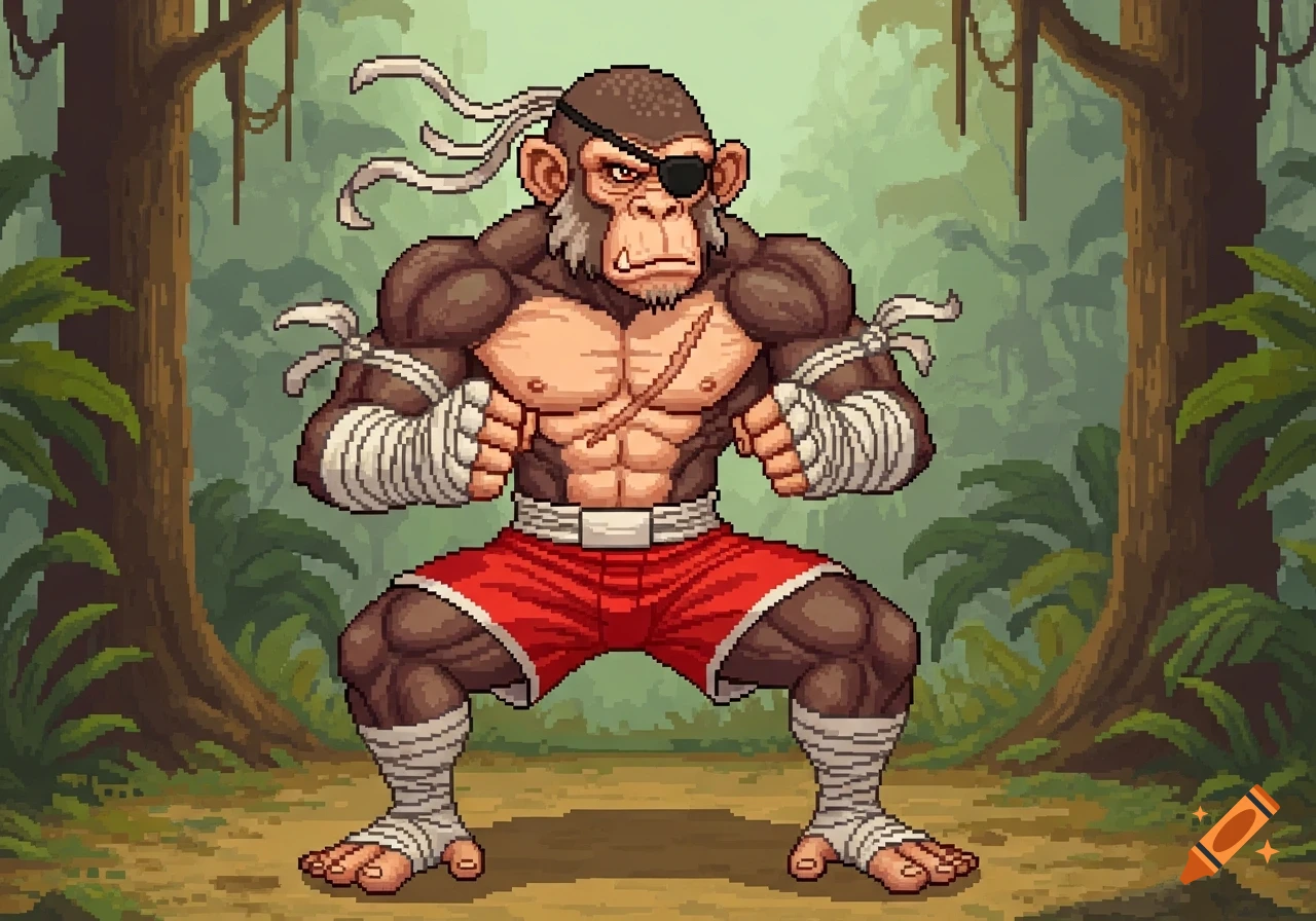 A pixel art muscular monkey fighter with an eye patch, chest scar, red shorts, and bandages on its hands and feet, in a jungle.