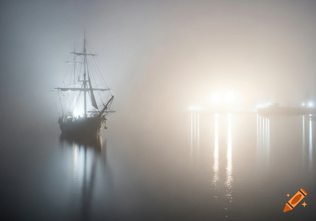 A mysterious tall ship in dense fog on calm water, with a bright, glowing harbor in the distance.