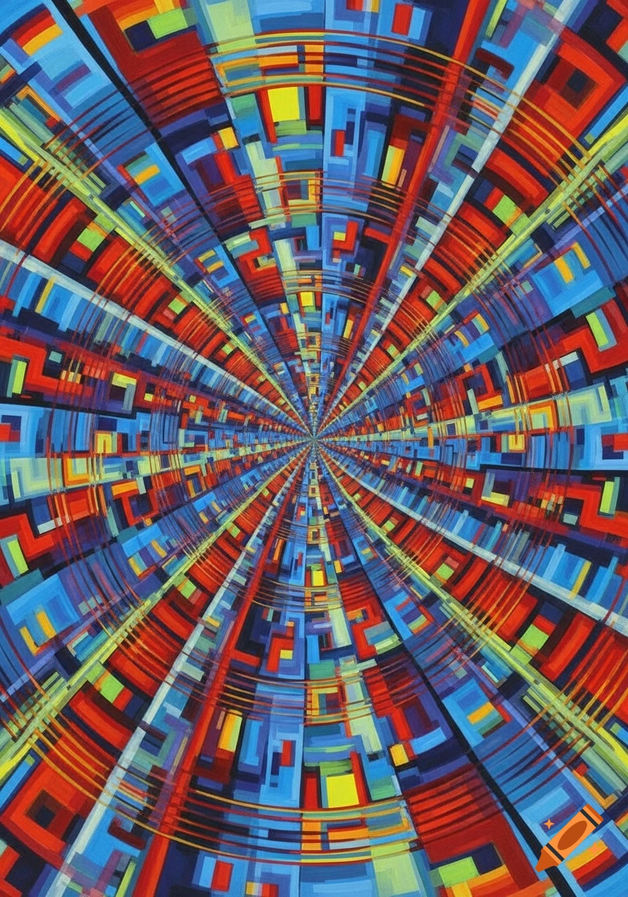 A vibrant, radial abstract pattern of colorful geometric blocks and lines, creating a tunnel-like optical illusion.