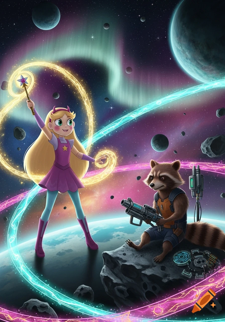 Star Butterfly creates golden energy with her wand next to Rocket Raccoon holding a gun, in a vibrant space scene with planets and aurora.