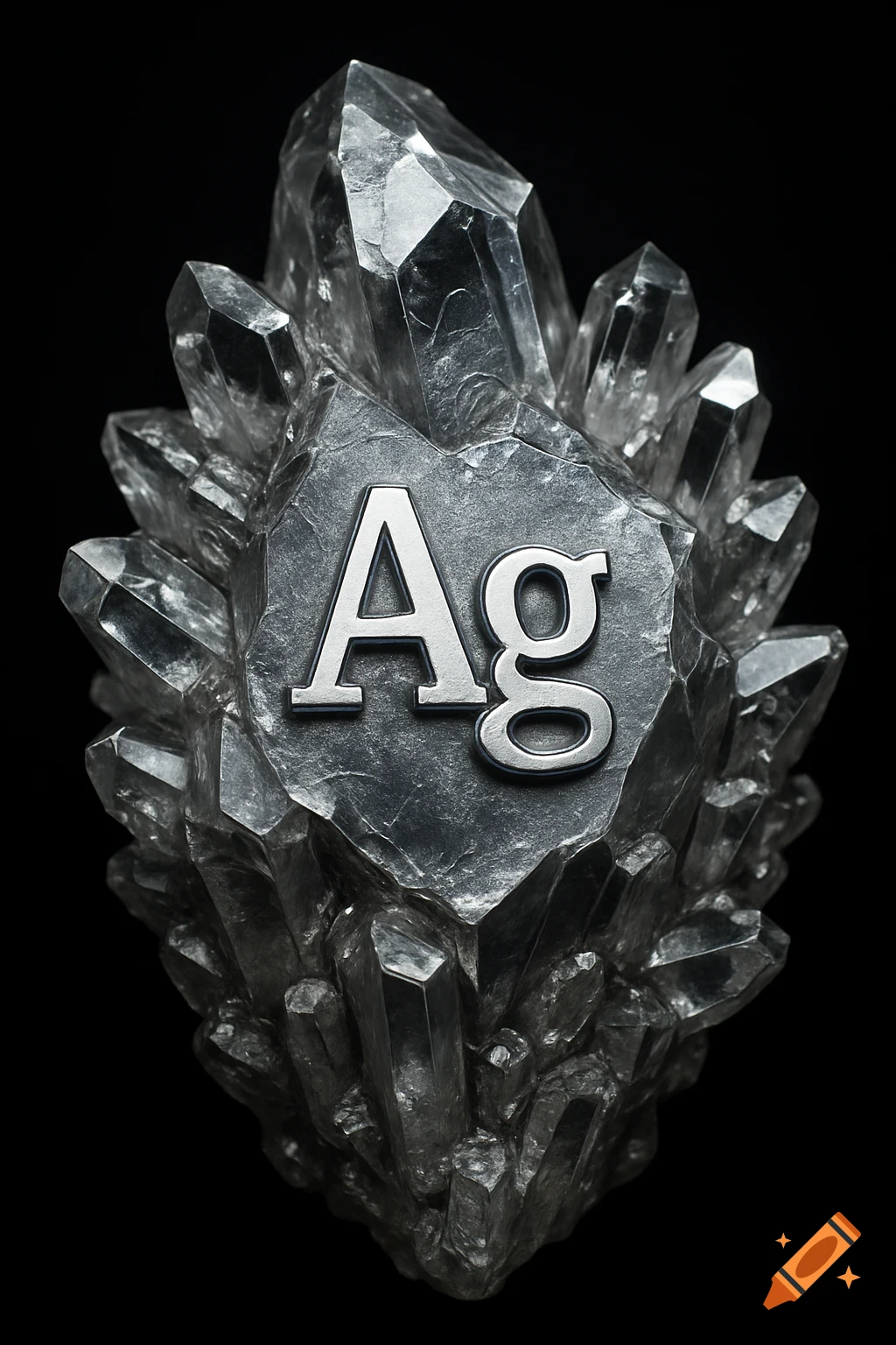 Ultra-realistic, highly detailed crystalline silver cluster with the 'Ag' chemical symbol embossed on it, against a dark background.
