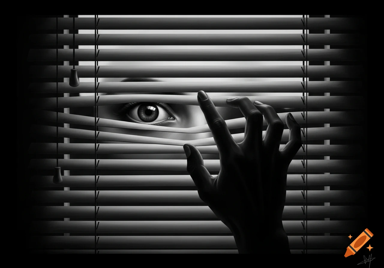 A grayscale illustration of an eye peering through window blinds, with a hand adjusting one of the slats.