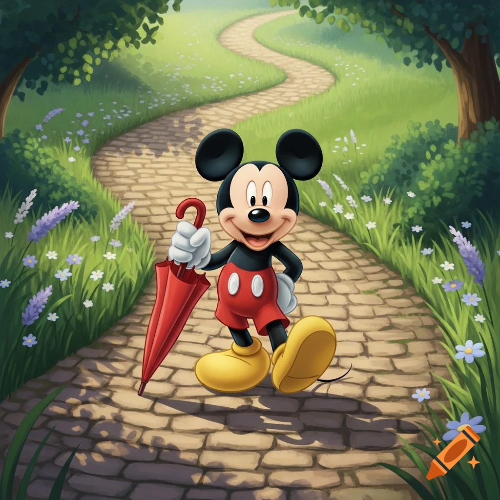 Mickey Mouse walks on a winding stone path through a lush green landscape, holding a closed red umbrella.