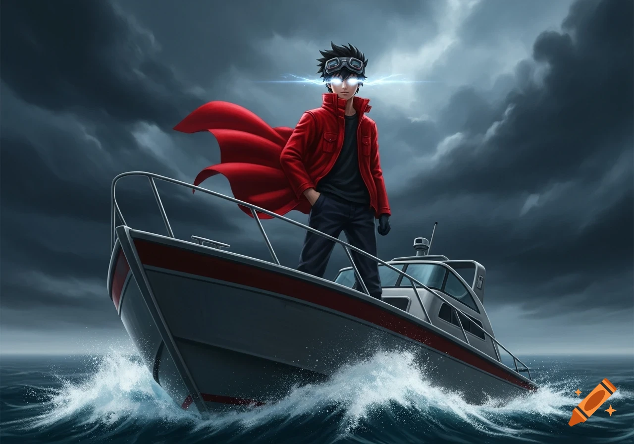 An anime character in a red jacket and goggles stands on a boat with glowing white eyes, against a backdrop of dark, stormy clouds and rough seas.