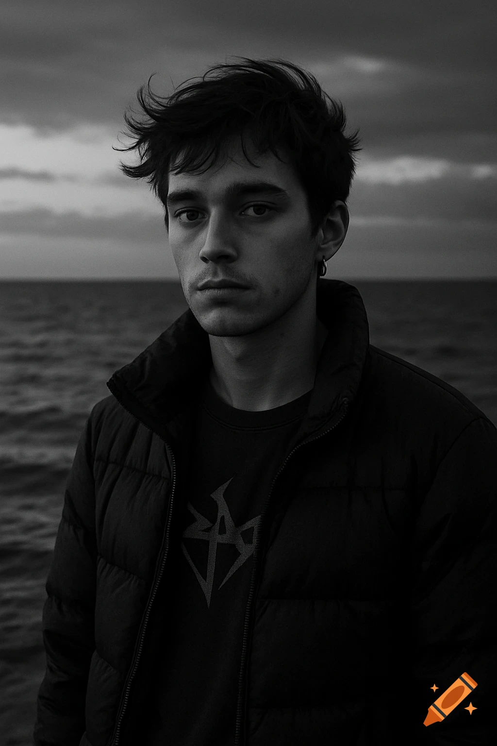 A moody black and white portrait of a young man with messy hair, wearing a puffer jacket, standing by a dark, wavy sea under a cloudy sky.