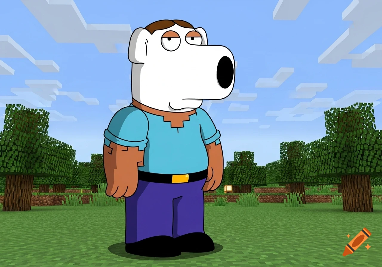 Brian Griffin from Family Guy, dressed as Steve from Minecraft with white eyes, stands in a blocky Minecraft landscape.